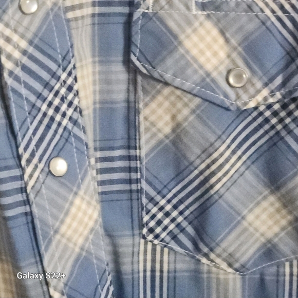 M77 Wrangler Western Shirts Blue & White Plaid Pearly White Snaps Size Lrg Tall - Picture 3 of 8